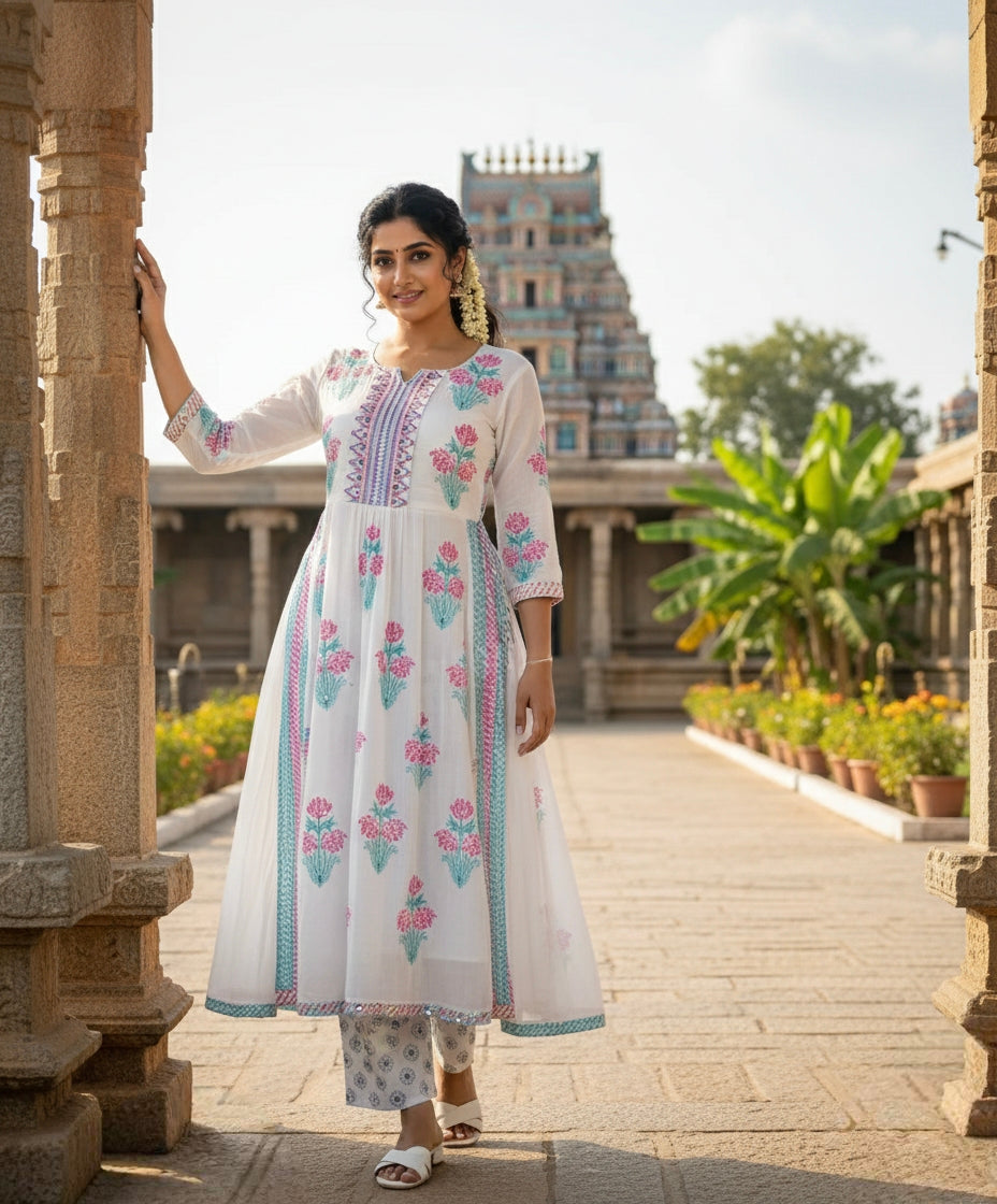 Floral Printed Naira Cut Kurta Set with Pants