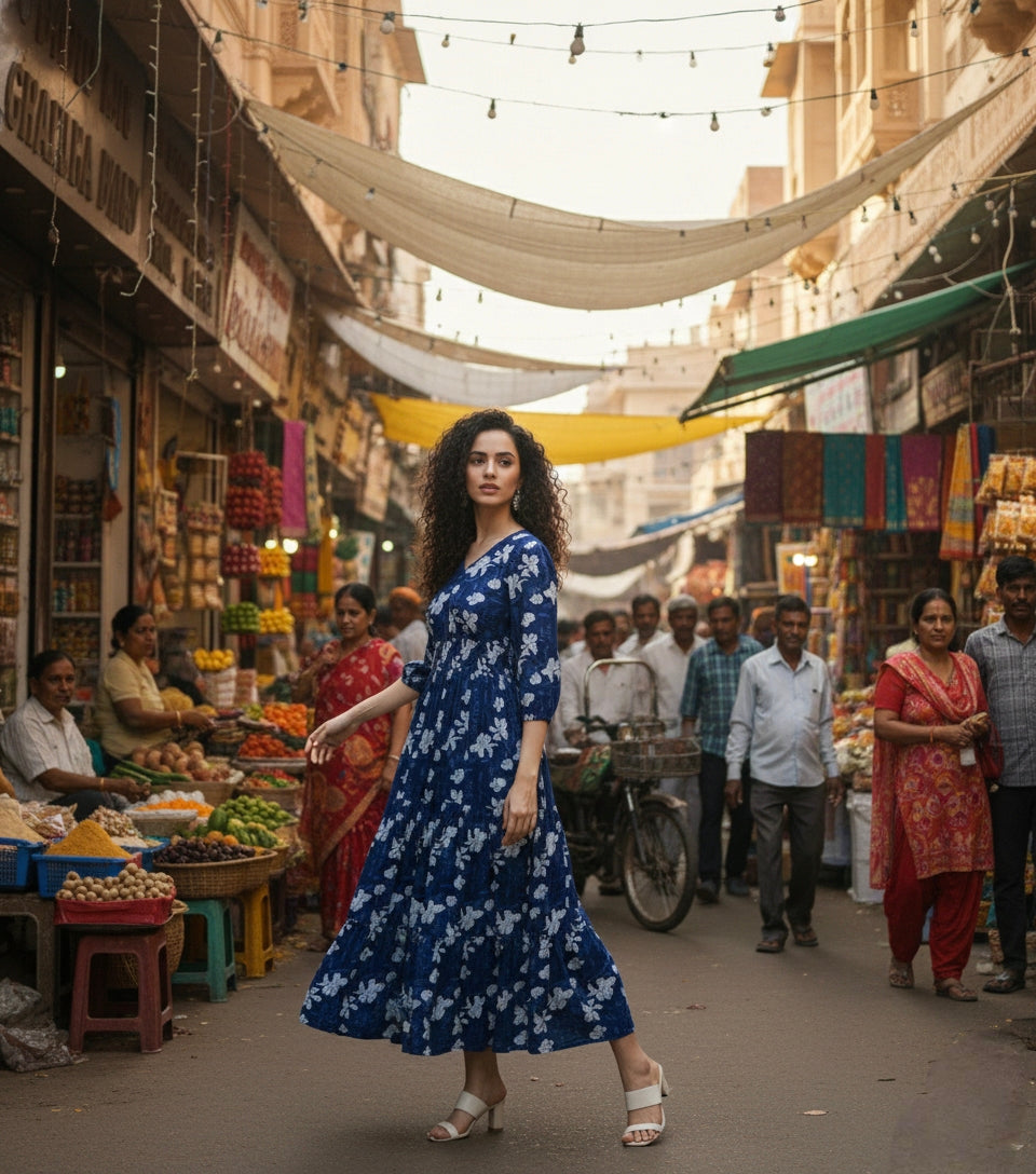 Women's Blue Fit & Flare Maxi Dress