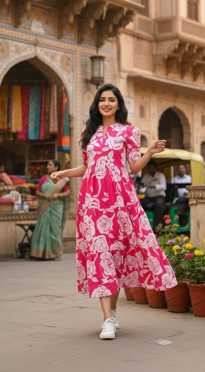 Pink Floral Printed Fit & Flare Dress