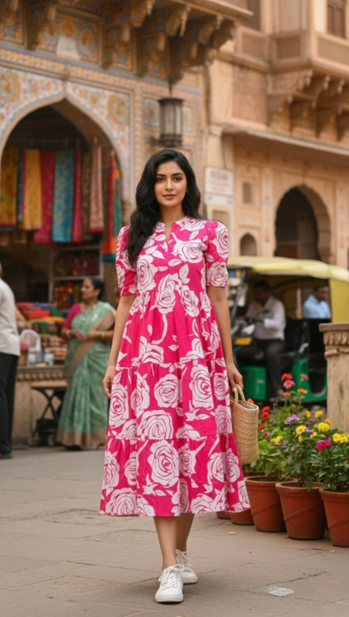 Pink Floral Printed Fit & Flare Dress