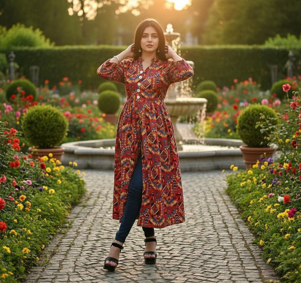 Red Floral High-Slit Crepe Kurti