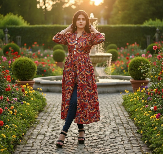 Red Floral High-Slit Crepe Kurti