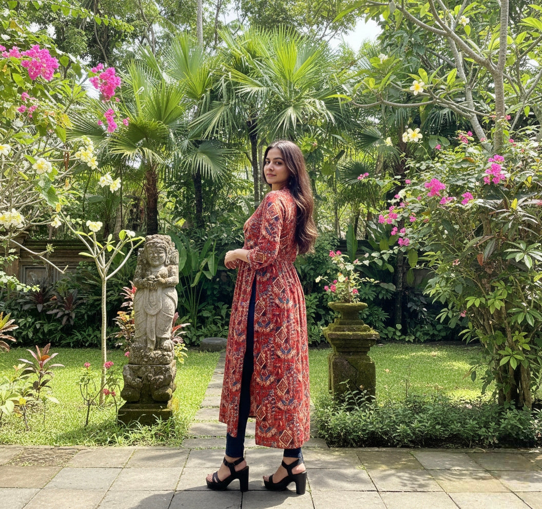 Red Floral High-Slit Crepe Kurti
