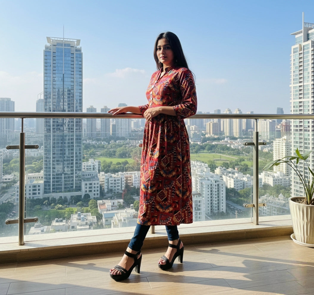 Red Floral High-Slit Crepe Kurti