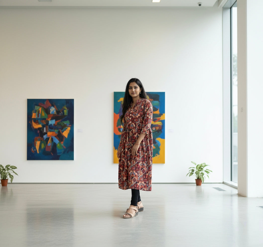 Red Floral High-Slit Crepe Kurti