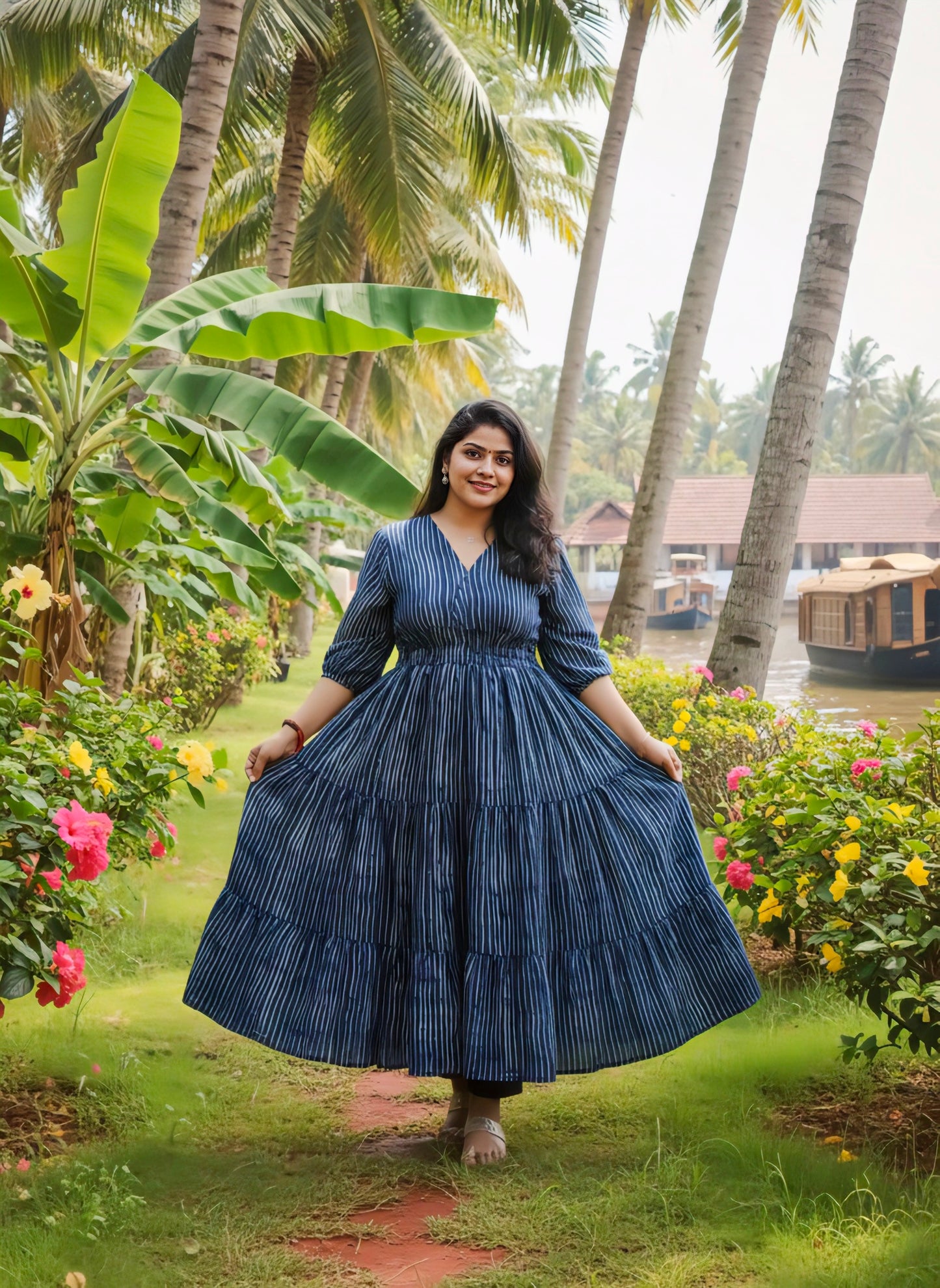 Women's Blue Fit & Flare Maxi Dress