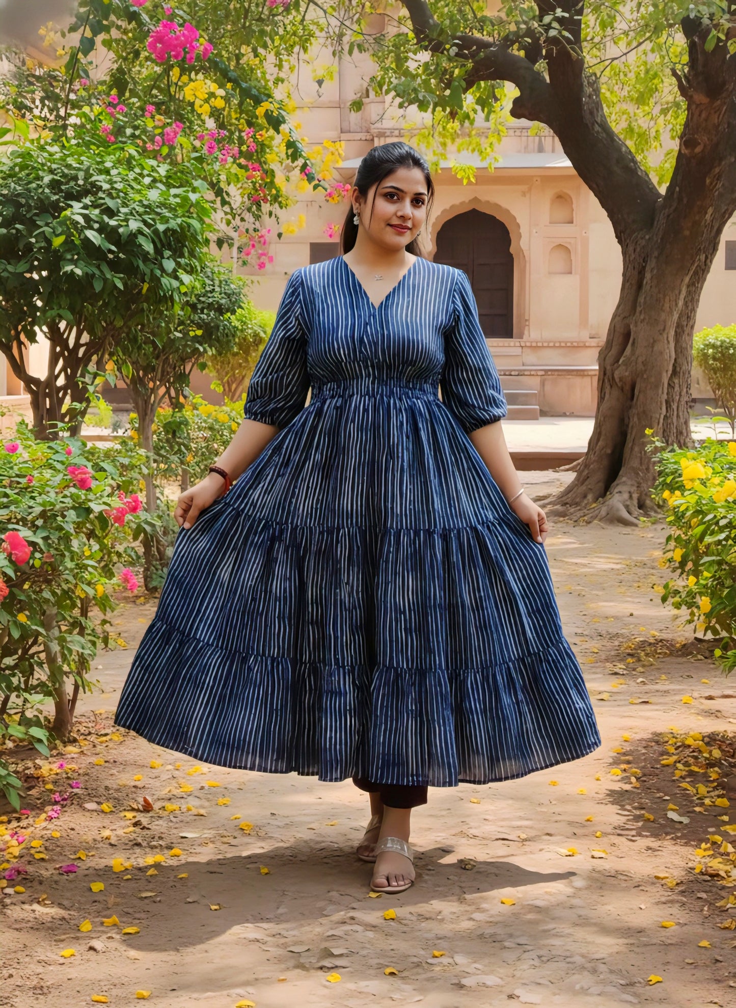 Women's Blue Fit & Flare Maxi Dress